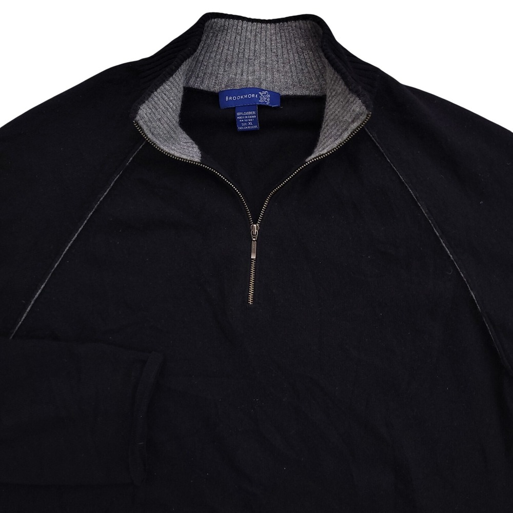 Brookmore Sweater Mens XL Black 100% Cashmere 1/4 Q Zip Pullover Mock Neck
